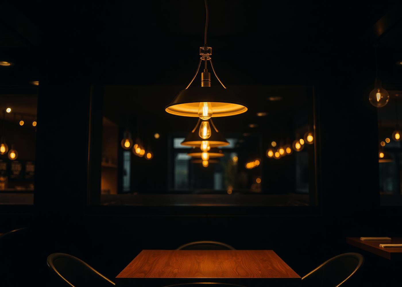 Warm café interior with golden pendant lights